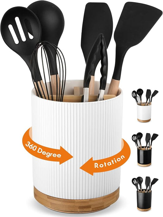 LoeJan 3 Compartment Utensil Holder, Extra Large Utensil Crock, Stable Ceramic Utensil Organizer, Cooking Tool Organizer Set for Kitchen Counter Farmhouse Decor (A-White(Vertical Stripe))