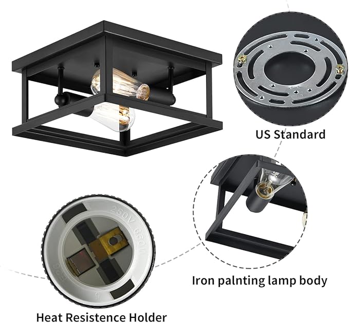 Drosbey 2-Light Flush Mount Ceiling Light Fixture, Farmhouse Light Fixtures, Industrial Vintage Ceiling Light for Kitchen, Bedroom, Hallway, Laundry