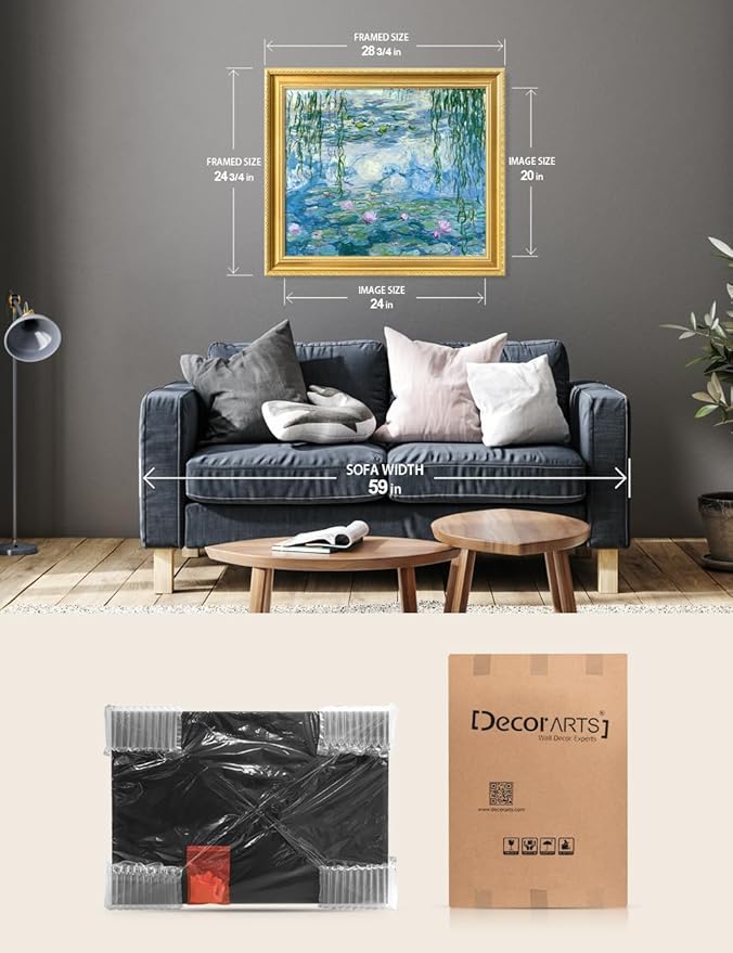 DECORARTS - Claude Monet Water Lilies 1916-1919 Giclee Print with Gold Solid Wood Frame, Impressionist Large Framed Wall Art, Ready to Hang, Framed Size28.75x24.75, Made in USA