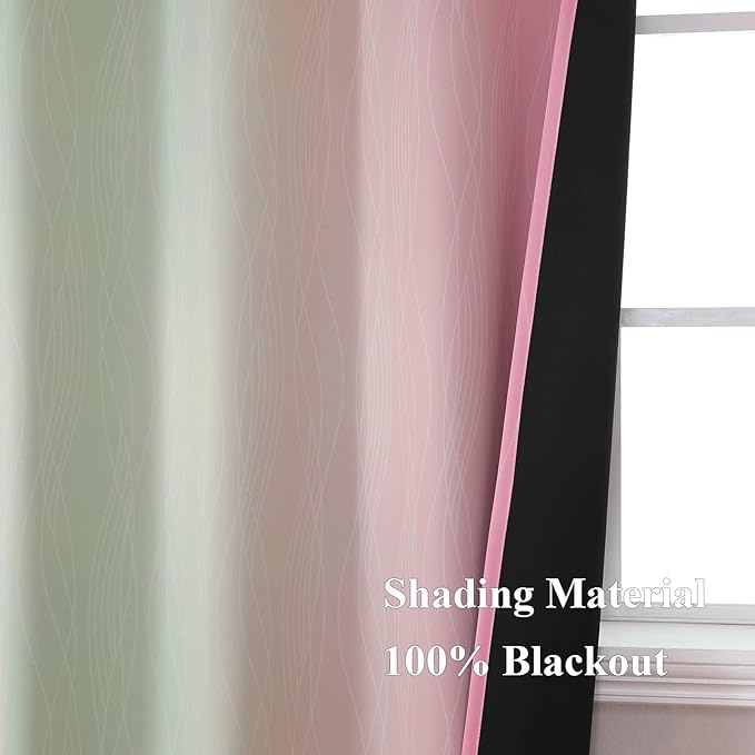 Estelar Textiler Ombre Sage Green and Pink Blackout Curtains for Living Room, Thermal Insulated Full Room Darkening Grommet Gradient Blackout Drapes for Bedroom, 52Wx72L, One Pair