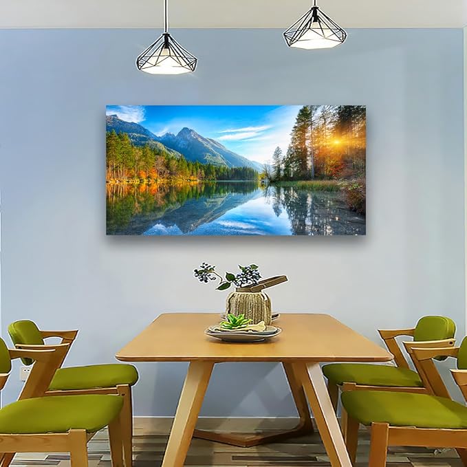Landscape Canvas Wall Art for Living room Office Bedroom Sunshine Forest Scenery Wall Art Mountain Lake Pictures Art Print Paintings Modern Green Nature Wall Decor Artwork Waterproof -20 * 40inch
