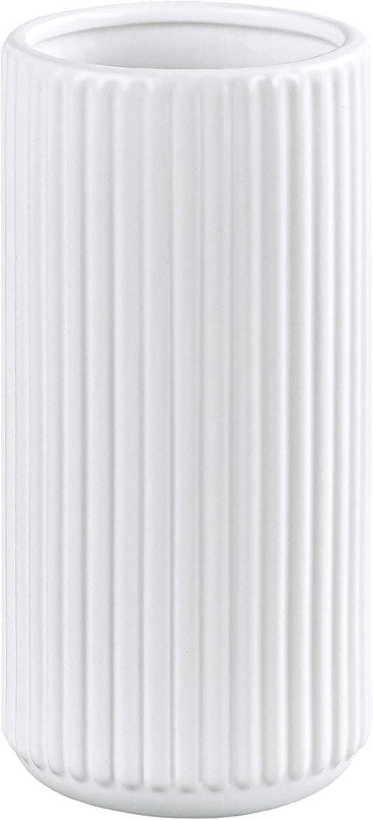 White Ceramic Flower Vase for Pampas Grass, 8 inch Small Decorative Centerpiece Ribbed Vase for Dining Table, Office Desktop, Shelf Bookshelf, Mantel, Entryway, Bathroom, Countertop, Farmhouse, Gift