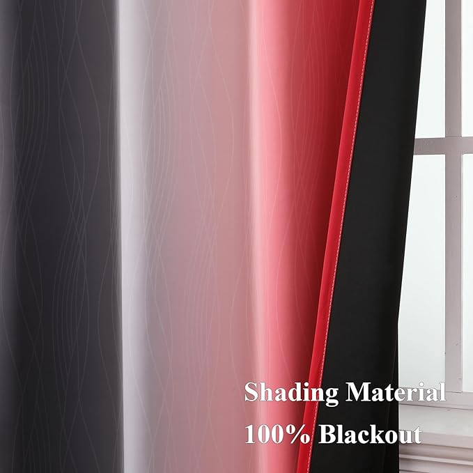Black and Red 100% Blackout Curtains 84 Inches Long, Ombre Blackout Drapes for Bedroom, Full Light Blocking Thermal Insulated Gradient Grommet Curtain Drapes for Living Room, 52x84 Inch, 2 Panels