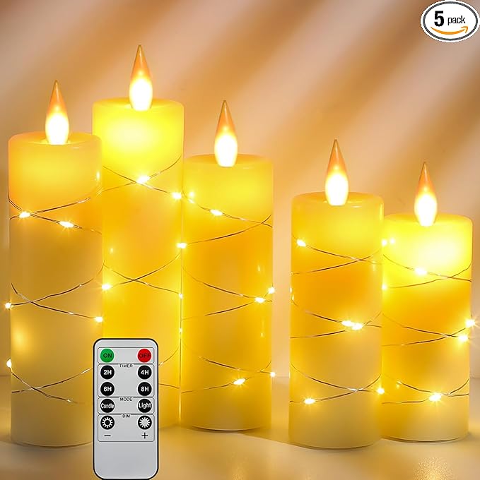 Da by Flickering Flameless Candles with String Lights, Battery Operated Candles with Remote and Timer, LED Pillar Candle Real Wax,5 Pack-Ivory White