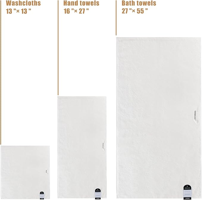 SEMAXE White Bath Towel Set, 100% Cotton Bathroom Towels with Hanging Loops and Nano-Bio Lifecycle Labels, Luxury 8 Piece Towel Set Include 2 Bath Towels, 2 Hand Towels, 4 Washcloths