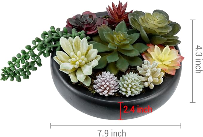 MyGift 8-Inch Artificial Succulent Plant Arrangement, Assorted Fake Plants in Modern Black Round Concrete Planter Bowl