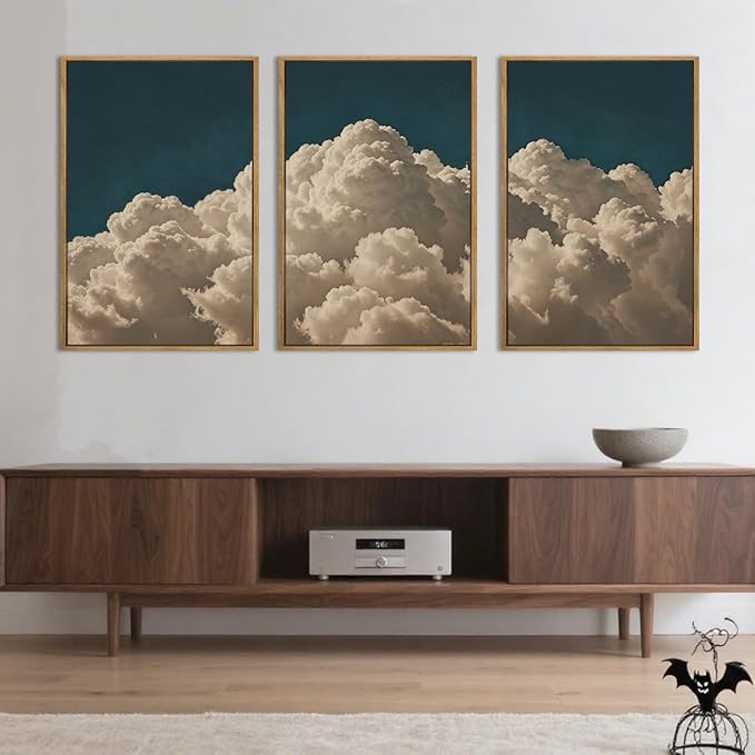 IARTTOP Extra Large Cloud Canvas Wall Art 24x36 Inch Framed Abstract Modern Landscape Wall Decor Navy Blue Sky Painting Set of 3 for Bedroom Living room