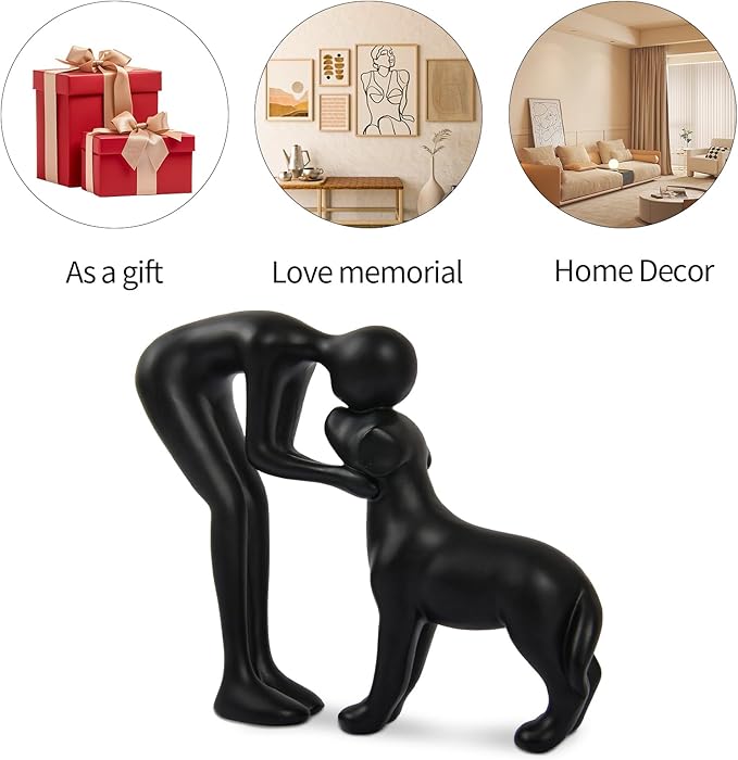 Dog Sculpture Home Decor Cute Man and Dog Statue Decoration for Office、Living Room、Bedroom、Home， Memory Gifts for Pet Lovers (Black)