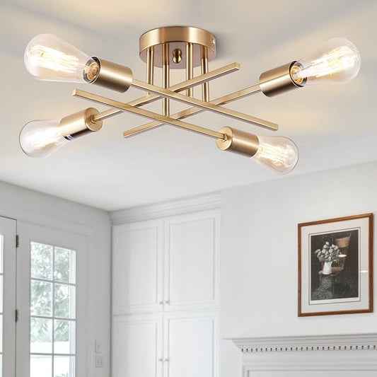 Sputnik Chandeliers, Modern Semi Flush Mount Ceiling Light with E26 Base, Mid Century Industrial Kitchen Farmhouse Light Fixtures for Bedroom Living Room (Brass, Ceiling 4 Lights)