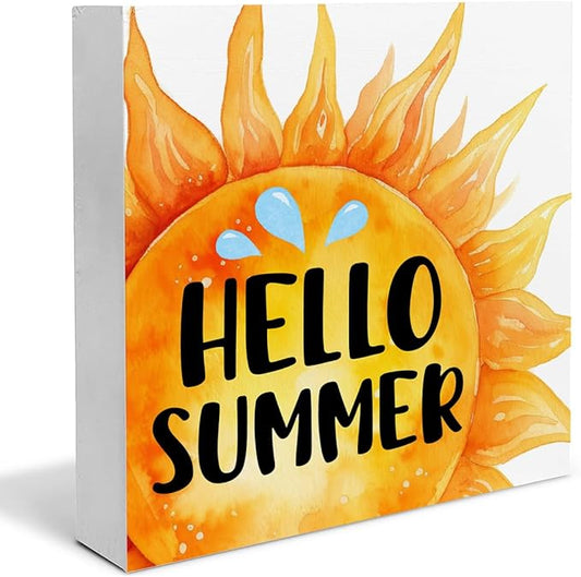 Hello Summer Decor Sun Wood Block Sign Farmhouse Summer Decorations for Home Desk Table Shelf 5 x 5 Inches