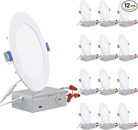 TORCHSTAR Basic Series 12-Pack 6 Inch Ultra-Thin LED Recessed Lighting with Junction Box, CRI90, Aluminum, 5000K Daylight, 5%-100% Dimmable Slim Recessed Downlight, 12W 1100LM, ETL and Energy Star
