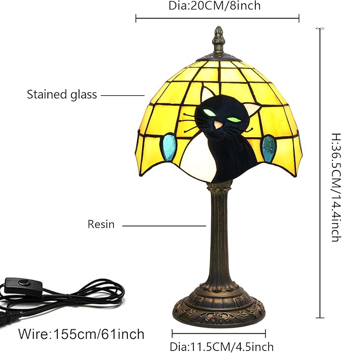 Small Tiffany Lamp Stained Glass Table Lamp Elegant Cute Retro Vintage Style White Black Cat Bedside Night Lamp for Nightstand Bedroom Home Decor Kitchen Counter Antique Living Room Office Fun Lamps