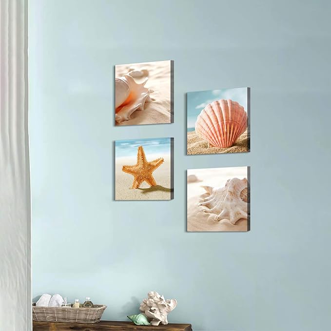 Beach Seashell Canvas artwork Painting: Coastal Seascape Conch Wall Art Print on Canvas for Bathroom (12” x 12'' x 4 Panels)