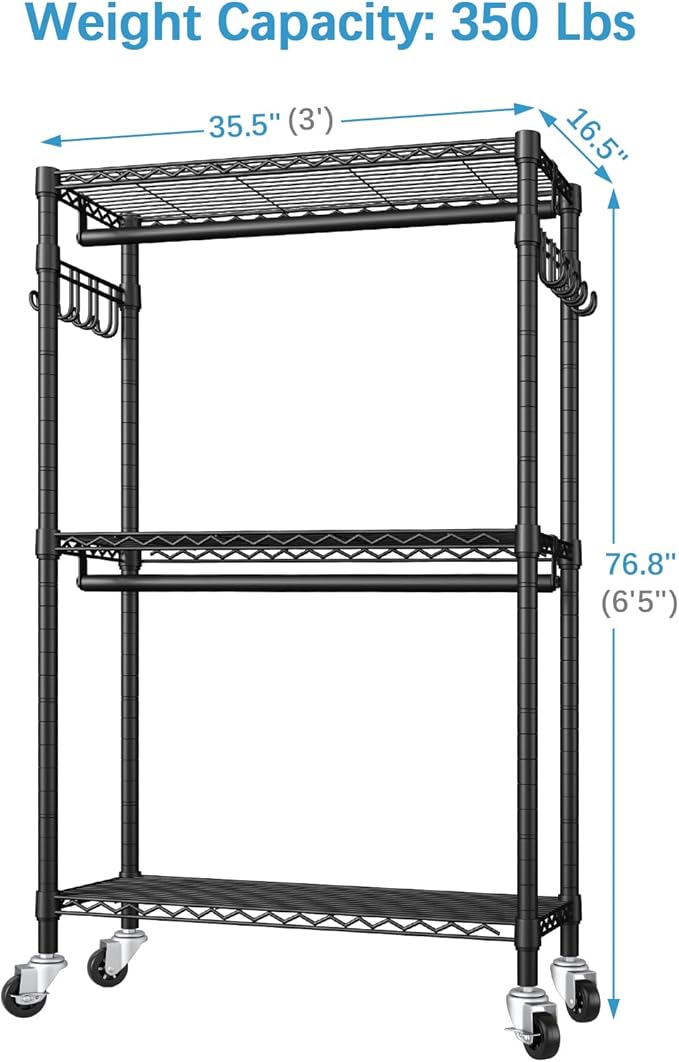 VIPEK R2 Heavy Duty Rolling Garment Rack 3 Tiers Adjustable Clothes Rack with Double Rods & Hooks, Freestanding Wardrobe Closet Storage Rack Metal Clothing Rack for Hanging Clothes, Black