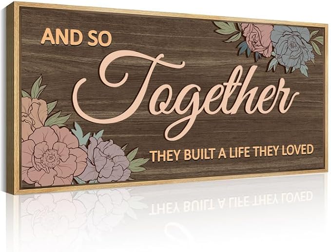 ANHUIB Large 3D Quote Wood Wall Art 20x40 Inch Framed Brown Wooden Signs Home Decor They Built a Life They Loved Inspirational Artwork Floral Wall Art for Living Room Bedroom Office