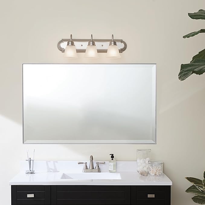 Kichler 24" 3-Light Vanity Bath Light in Brushed Nickel, Modern Bathroom Light with Clear Satin Etched Glass, (24" W x 8" H), 5337NIS