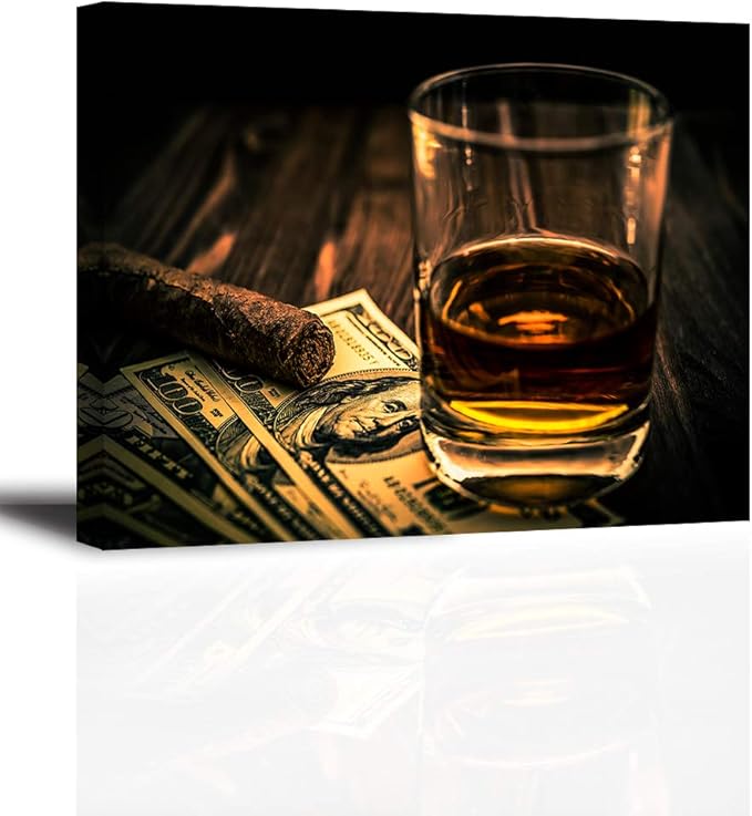 Cigar and Wine Wall Art for Bar, PIY Whiskey Canvas Painting Prints Artwork (Waterproof Home Decor, 1” Thick, Bracket Mounted Ready to Hang)