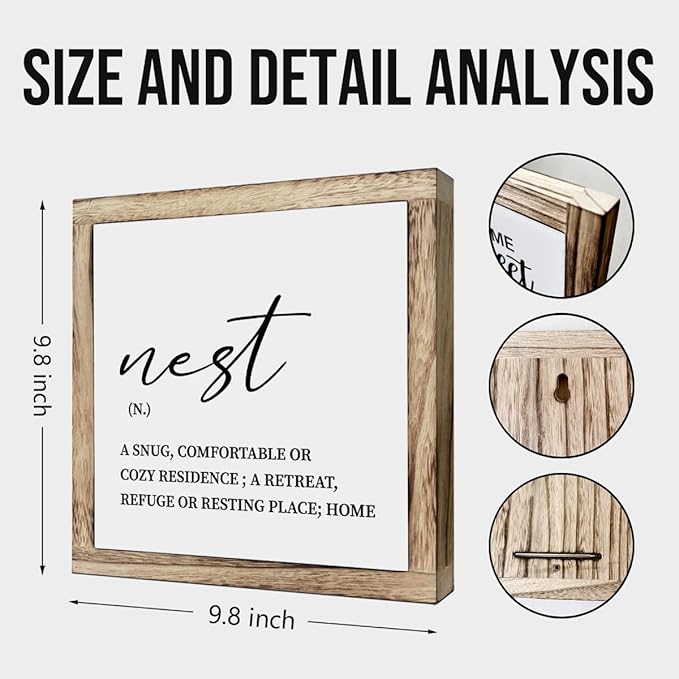 Farmhouse Home Decor, Home Sign, Living Room Decor for Shelf, Tabletop Decoration, Front Door Decoration for Porch, Housewarming Gift, Nest Definition Signs, Wooden Plaques Box Signs, 9.8 * 9.8 Inch