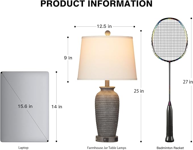 25" Farmhouse Jar Table Lamps Set of 2, 3 Way Touch Control Rustic Bedside Lamps with USB A+C Ports & AC Outlet, Pot Nightstand Lamps for Bedroom Living Room (LED Bulbs Included)