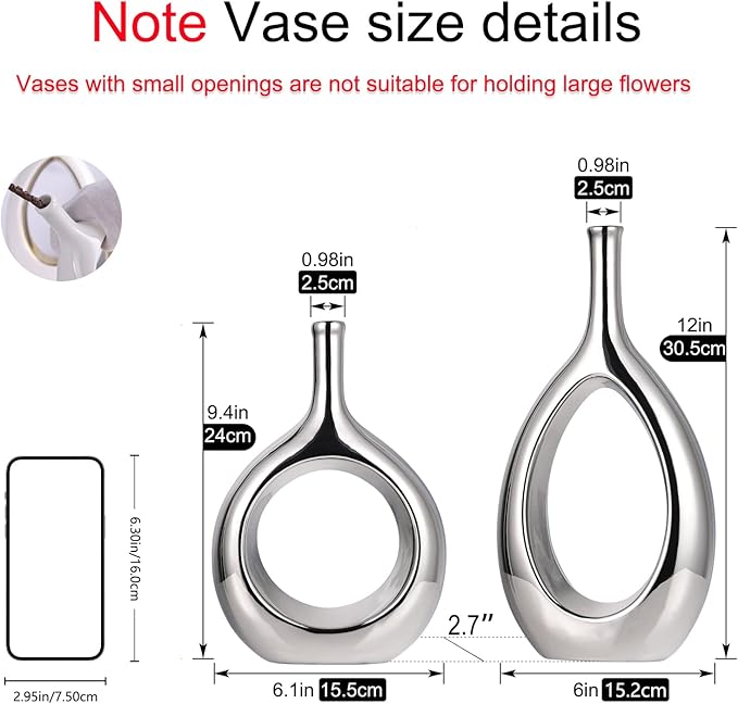 Glossy Silver Vase Ceramic Silver Vases Home Decor,Modern Minimalist Circle with Hole Decorative Vase, Hollow Ellipse Flower vases for Bookshelf, Fireplace Mantle, Centerpieces,Farmhouse,Rustic Décor