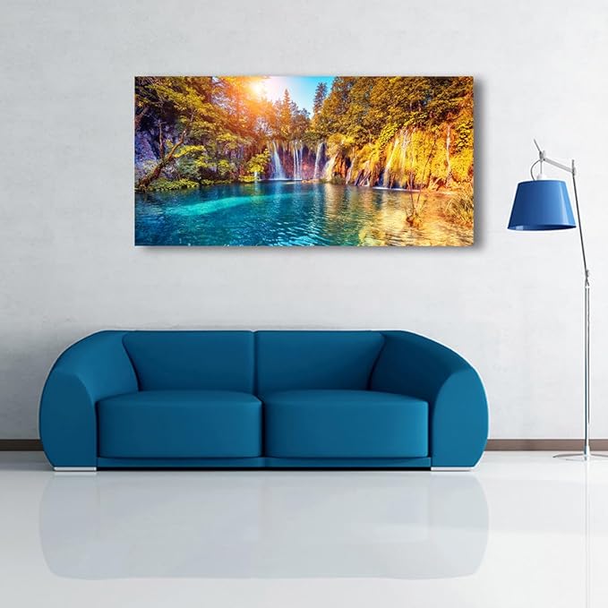 Lake Water Pictures Canvas Wall Art for Living room Bedroom Wall Decor,Waterfall Wall Art Print Paitnings for home Decor,Morden Artwork Sunset Tree Canvas Art Waterproof Stretched Ready to