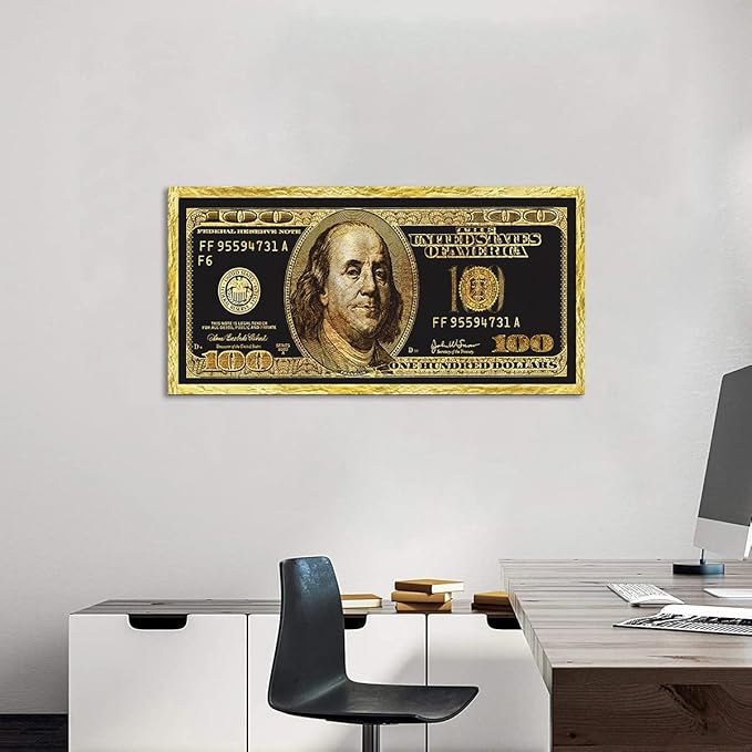 Positive Golden Dollar Money Canvas Office Paintings Prints Wall Art 100 Bill Money Abstract Wall Pictures HD Print Gift Choice for Men Farmhouse Bar Classroom Wall Decor Gallery Wrapped-40"Wx20"H
