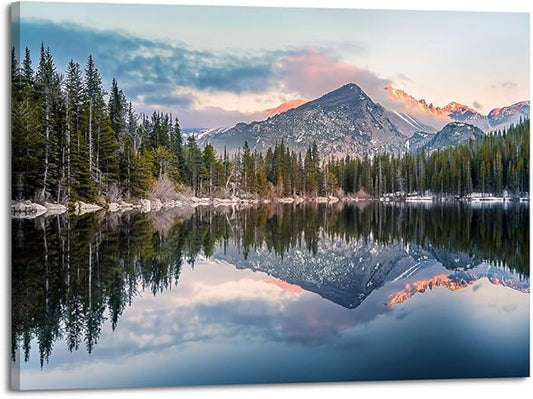 Lake Landscape Canvas Wall Art: Nature Mountain Sunset Artwork Woodland Water Scenery Painting for Bedroom