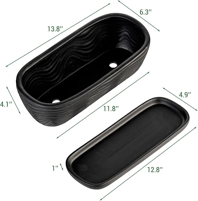 MyGift 13.5 inch Succulent Planter Pot, Oval Modern Ceramic Plant Box Container with Wave Textured Pattern and Removable Saucer Drip Tray (Black)
