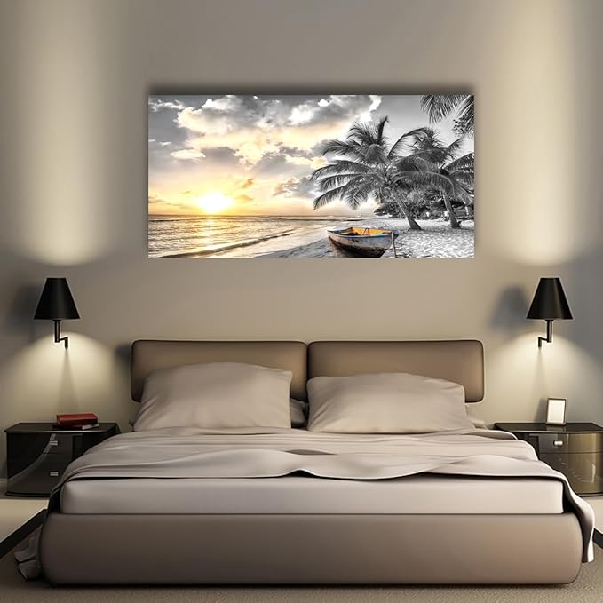 Black and White Beach Pictures Canvas Wall Art for Living room Bedroom Wall Decor,Seascape Wall Art Print Paitnings for home Decor,Morden Artwork Sunset Canvas Art Waterproof Stretched Ready to