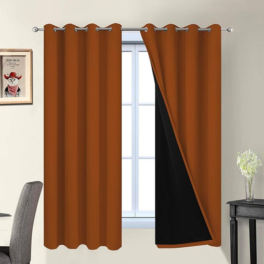 Yakamok Orange 100% Blackout Curtains, Total Blackout Lined Curtain Panels for Bedroom, 2 Thick Layers Grommet Top Thermal Insulated Blackout Drapes for Living Room(52Wx63L, Burnt Orange, 2 Panels)
