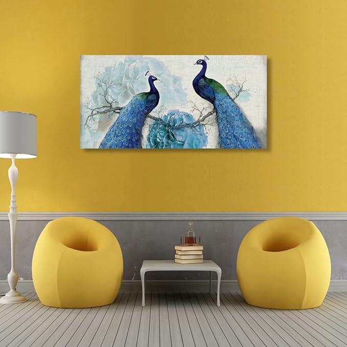 Peacock Canvas Wall Art for Living room Office Bedroom Animal Wall Art Print Oil Paintings Modern Beautiful Flowers Pictures Blue Wall Decor Artwork Waterproof Ready to Hang - 20in * 40inch