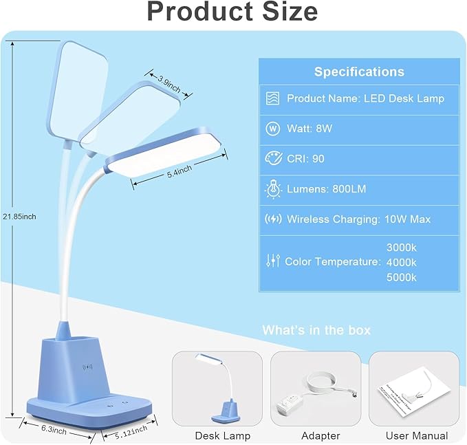 Sailstar Small Desk Lamp, Blue Desk Lamp with Pen Holder, Wireless Charger LED Desk Lamps for Home Office, 800LM Gooseneck 3 Modes Dimmable Touch Cute Desk Lamps, Study Lamps for College Dorm Room