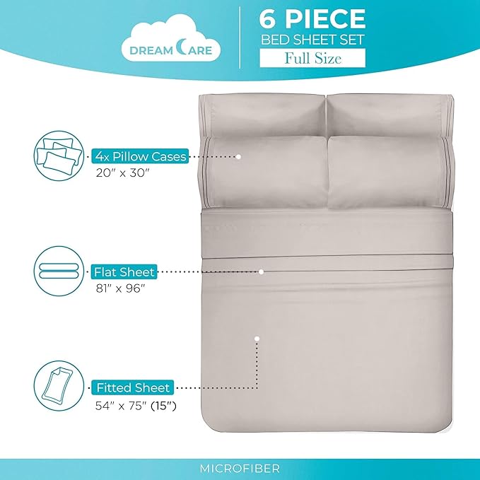 DREAMCARE Full Size Sheets Set - 6 Pcs Deep Pocket Cooling Bed Sheets - Soft, Long Lasting 100% Brushed Microfiber with Side Pocket (Beige, Full)