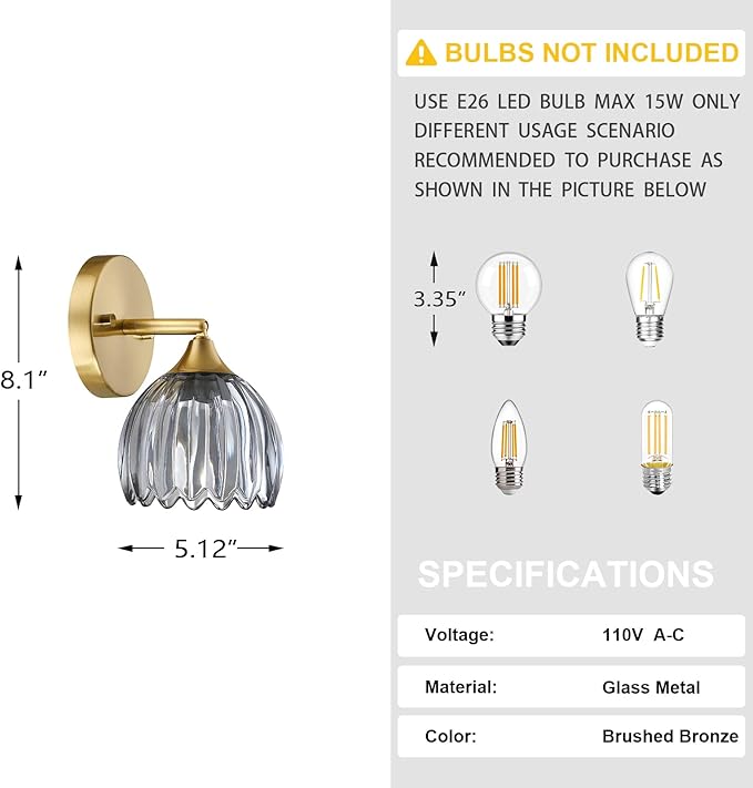 2 Pack 1 Light Vintage Wall Sconces Tulip Gray Glass Lampshade Hradwired Modern Gold Wall Lighting Fixture for Bedside Bedroom Doorway
