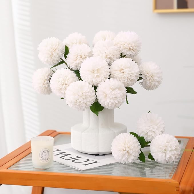 Floweroyal 24pcs Artificial Chrysanthemum Ball Flowers, Fake Mums Silk Hydrangea Bridal Wedding Bouquet for Home Garden Party Office Coffee House Decoration (White)