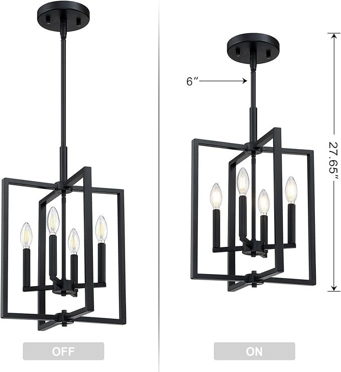 Leading Lighting 4 Light Farmhouse Chandelier Hanging Light Fixture Rustic Kitchen Island Lighting with Black Metal Frame for Entryway Dinning Room Bedroom
