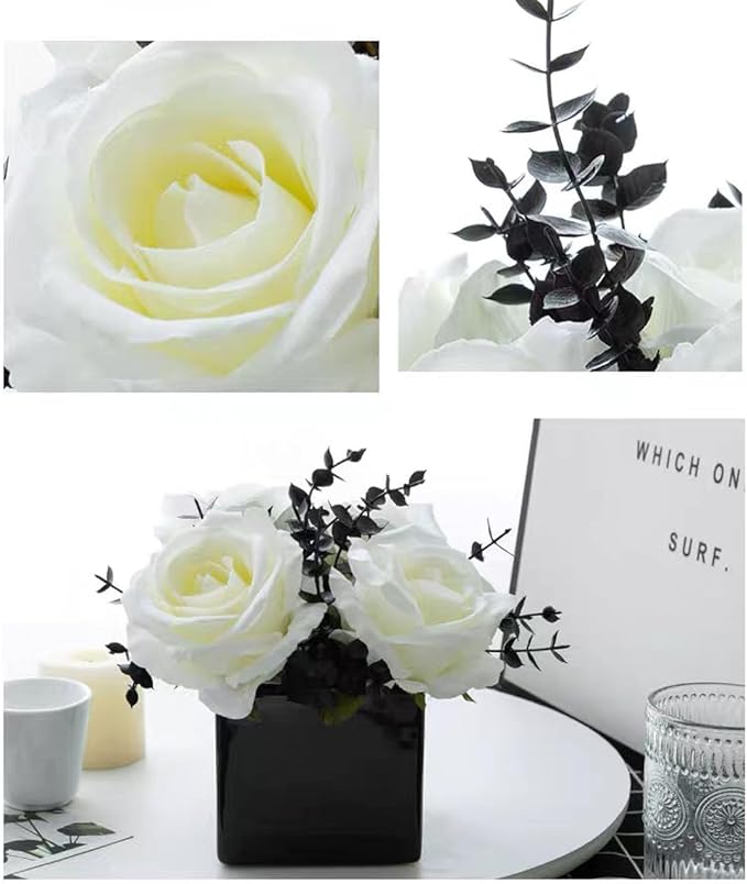 LADADA Artificial Flowers with Small Ceramic Vases, Roses in Vases Plastic Artificial Flowers and Plants,Used for Home Office Wedding Decoration, Table Decoration(White)