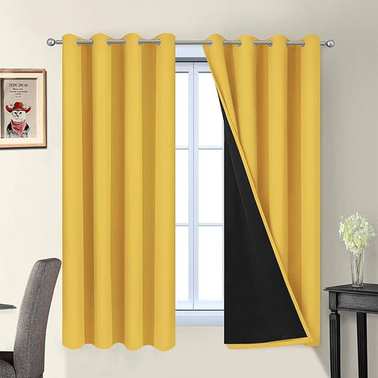 Yakamok Thermal Insulated 100% Blackout Curtains for Bedroom, Double Layer Full Room Darkening Noise Reducing Grommet Curtains, Heat Blocking Drapes for Living Room(52Wx63L, Mustard Yellow, 2 Panels)