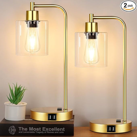 Industrial Touch Control Table Lamps Set of 2 - Gold Nightstand Bedside Lamps with 2 USB Ports & AC Outlet, 3-Way Dimmable Desk Lamp for Bedroom Living Room, Glass Shade & 2 LED Bulbs Included