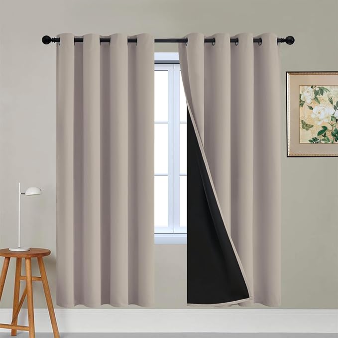 Yakamok 100% Blackout Curtains 72 Inches Long, 2 Thick Layers Heat and Full Light Blocking Soft Thermal Insulated Drapes for Bedroom(52" Wide Each Panel, Natural, 2 Panels)