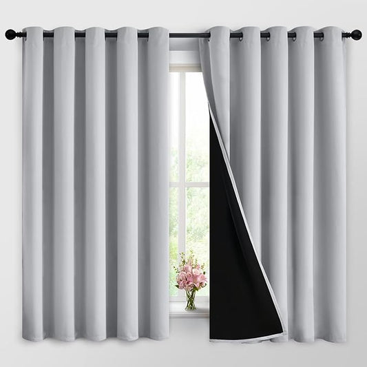Yakamok 2 Thick Layers 100% Completely Blackout Window Curtains,Thermal Insulated Noise Reducing Drapes for Girl's Bedroom(62Wx63L, Light Grey, 2 Panels)