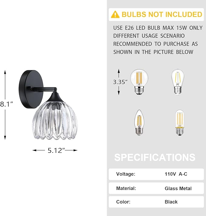 2 Pack 1 Light Vintage Wall Sconces Tulip Clear Glass Lampshade Hradwired Modern Black Wall Lighting Fixture for Bedside Bedroom Doorway