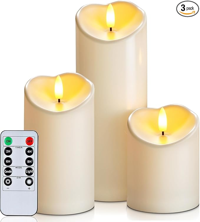 Homemory Flameless Candles with Timer and Remote Control, Battery Operated LED Candles, Realistic Fake Plastic Candles for Wedding, Festival, Home Decor, Waterproof Outdoor, D3”H4”6”8”