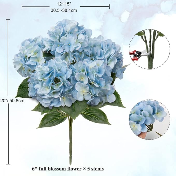 Blue Hydrangea Artificial Flowers Large Artificial Hydrangeas Silk Flowers for Home Decor Indoor Wedding Flowers Bouquets Faux Flowers Kitchen Centerpiece Table Decorations