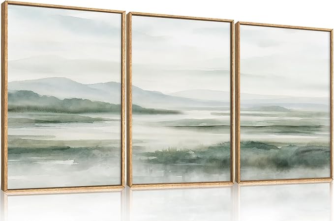 HOURIA Large Watercolor Misty Green Mountain Framed Canvas Wall Art,Neutral Brush Stroke Wall Decor,Modern Landscape Artwork,Nature Minimalist Art Print for Living Room,Bedroom,Office-24 x36 x3