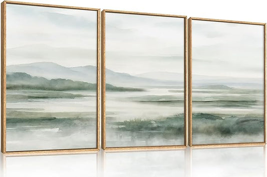 HOURIA Large Watercolor Misty Green Mountain Framed Canvas Wall Art,Neutral Brush Stroke Wall Decor,Modern Landscape Artwork,Nature Minimalist Art Print for Living Room,Bedroom,Office-24 x36 x3