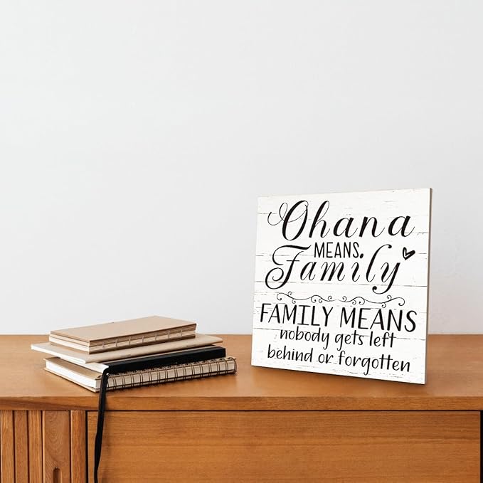 Family Wooden Plaque, “Family Means Nobody Gets Left Behind or Forgotten”, 6.2x6.2 Inch Table Art Sign, Farmhouse Quote Decor for Living Room or Home Tabletop D