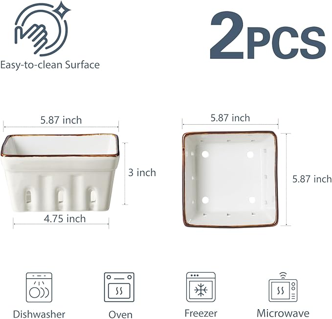 ONEMORE Ceramic Berry Basket Square Fruit Bowls with Holes Berry Bowl Colander Fruit Basket for Kitchen Décor - 5.8" Berry Containers for Fridge, Set of 2, Cream White