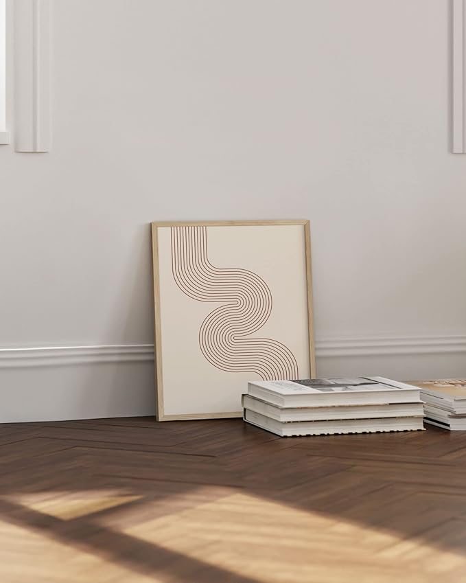 HAUS AND HUES Line Art Mid Century Modern Wall Decor - Boho Prints Wall Art Abstract Geometric Wall Decor Line Art Prints Modern Boho Art Snaking River from Top Left (Beige Framed, 16x20)