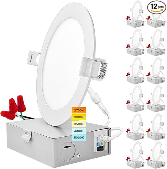 LUXRITE 12-Pack 5 Inch Ultra Thin LED Recessed Light with Junction Box, 12W, Color Selectable 2700K | 3000K | 3500K | 4000K | 5000K, Dimmable Wafer Lights, 1000 Lumens, ETL & Energy Star, IC Rated